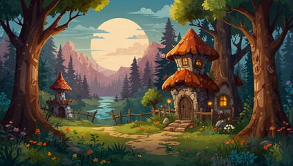 Fairy village landscape, never ending enchanted background with separated layers for games. 2d style