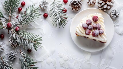  A cake sits atop a white plate, surrounded by pine cones and red berries Another white plate holds additional pine cones beside it