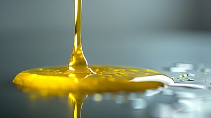  A drop of oil sits atop a table, next to a drop of liquid on a puddle of that same liquid, both atop the table