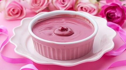  A tight shot of a bowl filled with food on a plate, surrounded by pink flowers in the background The bowl is adorned with a pink ribbon, containing a vibrant pink liquid - Powered by Adobe
