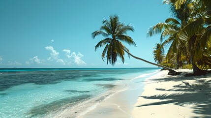 Obraz premium Idyllic tropical beach with clear blue water and palm trees. Beautiful sunny day at the seaside. Perfect travel destination and vacation spot. AI