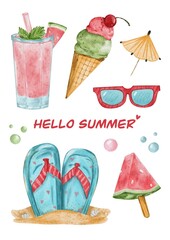 Hello summer watercolor elemenets, Hello summer watercolor collection © Alla Dorofieieva