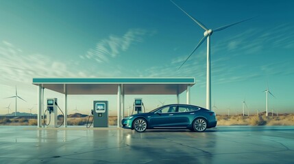 electric car drive on road in urban city with EV home charger station building skyscraper cityscape view background. Transportation and sustainable energy concept.