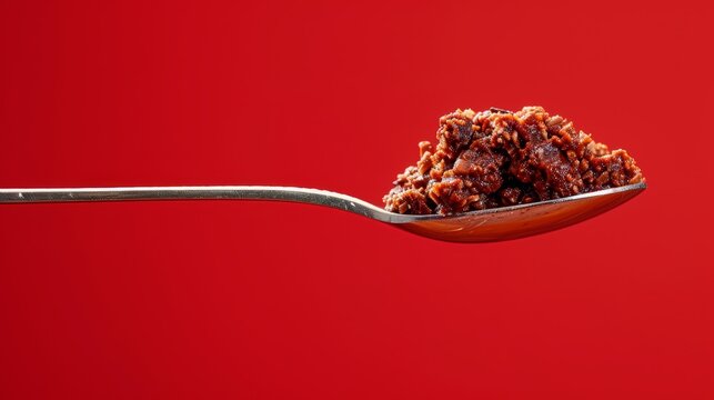  A spoonful of food sits atop a red surface, repeated with two more spoonfuls