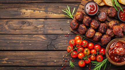  A wooden table holds a spread of meatballs, each popping with ketchup, adjacent to bowls of cherry tomatoes and bread A solitary cup of ketchup - Powered by Adobe