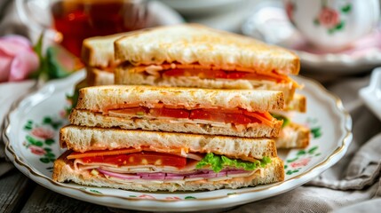  A close-up of a sandwich on a plate next to a cup of tea, and another plate with a sandwich on a table, each holding a cup of tea