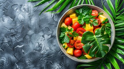  A bowl brimming with assorted fruits and vegetables atop a verdant, leafy table Nearby, a knife and fork rest against a gray backdrop - Powered by Adobe