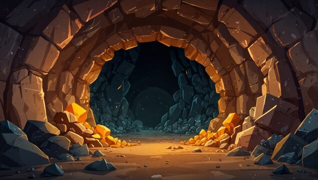 Copper ore mine tunnel inside view, cave entrance with shiny yellow pieces, ingots or nuggets in rocks and stone shaft walls Cartoon game background, mining quarry landscape,. 2d style