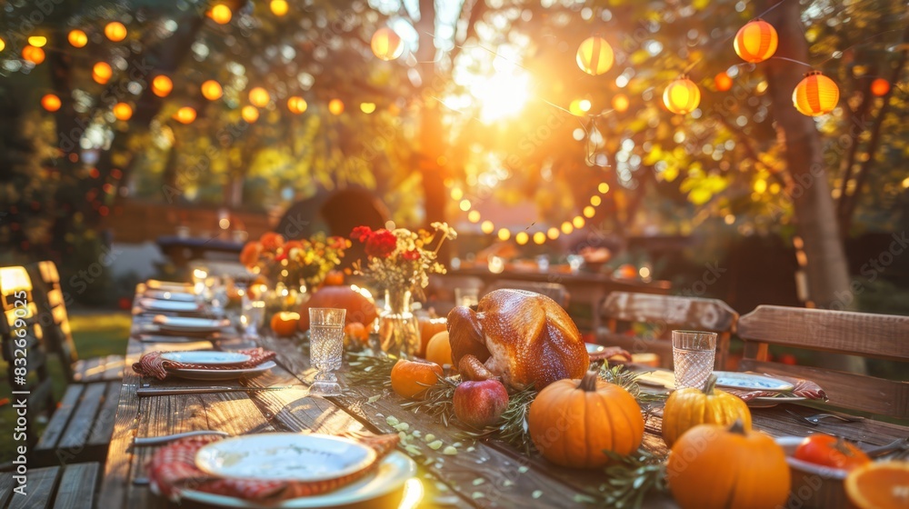 Poster  A wooden table holds a turkey atop it Nearby, a forest teems with oranges and pumpkins, lit by a string of lights