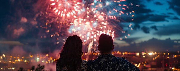 Couple watching fireworks on Independence Day, night sky lit up, celebrating national holiday, romantic atmosphere, vibrant colors, clear night, copy space