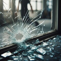 a broken window. The window have shattered glass with sharp, jagged edges and pieces of glass scattered around