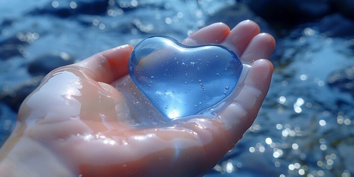 A woman's uka holding a blue ladylike melting heart on the background of flowing water. Concept of environmental conservation and energy saving.