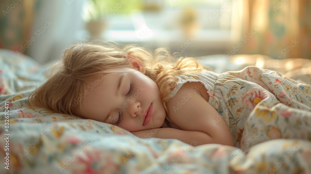 Wall mural Cute little girl sleeping in bed at home, close-up