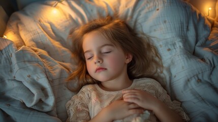 Cute little girl sleeping in bed at night. Portrait of a little girl.