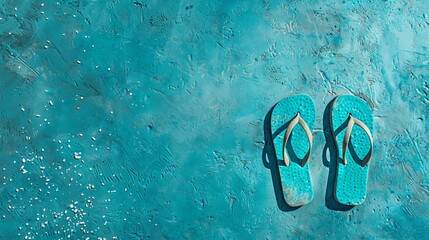 Naklejka premium Single Flip-Flop and White Pebbles on Turquoise Blue Background. Copy space