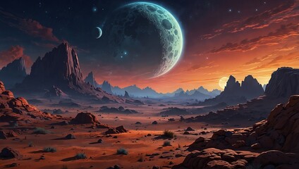 Cartoon alien landscape with craters and vibrant sky for sci-fi and fantasy game settings. 2d style