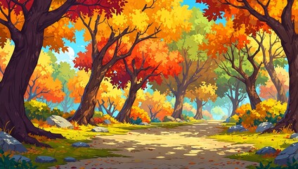 Autumn forest path cartoon background with colorful leaves and trees, perfect for games. 2d style