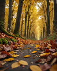 Fototapeta premium A Serene Autumn Forest Captured in Hyperrealistic Detail with Colorful Leaves and Majestic Trees in a Dense Woodland Setting