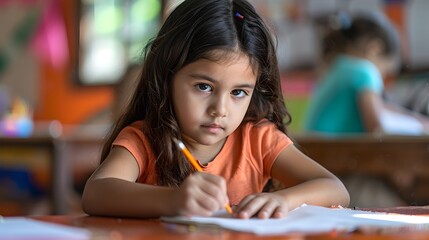 Young girl focused on learning. Capturing a moment of concentration. Ideal for educational use. Great for classroom concepts. AI