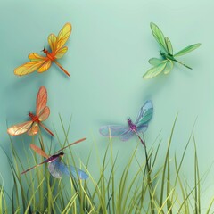 3D multi-colored dragonflies on a background of 3D green grass. Illustration for decoration, greeting card template. Resource for printing on paper, fabric.