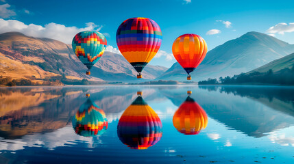 Fototapeta premium Colourful hot air balloons flying over a lake surrounded by mountains