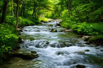 Obraz premium Tranquil Forest Stream with Vibrant Greenery