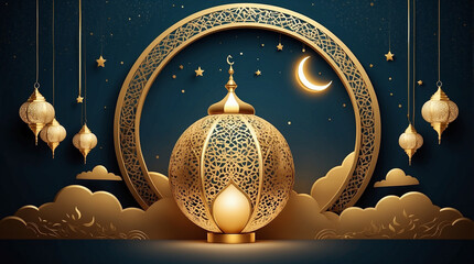 Eid al adha mubarak background design vector with moon and lamp luxury and elegant design