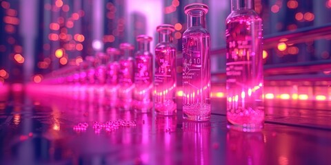 Rows of glowing bottles with colorful liquids in a futuristic laboratory setting