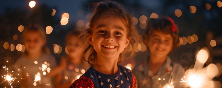 Children playing with sparklers on the Fourth of July