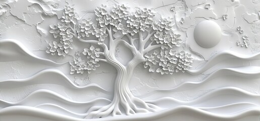 3D relief white tree wallpaper mural wall. AI generated illustration
