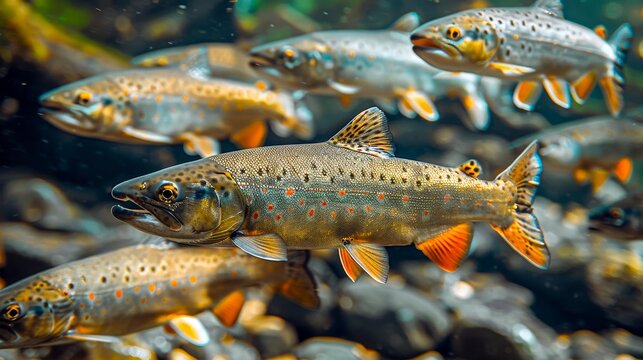 Vibrant underwater shot of brown trout swimming in clear freshwater, showcasing their detailed scales and natural habitat.