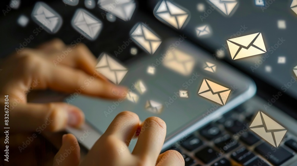 Poster hands using a smartphone with email icons floating, representing communication, technology, and digi