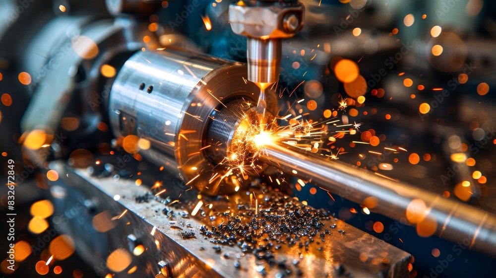 Poster High-speed CNC machine creating metal sparks while working on a metal cylinder in an industrial workshop, showcasing precision engineering.