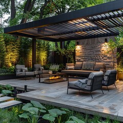 Obraz premium Explore a sleek pergola design in a photo, featuring modern furniture that elevates the contemporary aesthetic. The integration of plants adds a natural element to the clean lines 