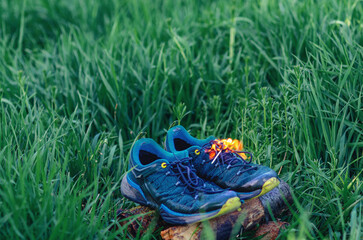 Sports sneakers in green grass. Burning sneakers.