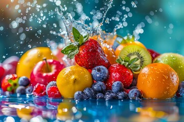 Assorted fresh fruit splashing into colorful liquid, vibrant and dynamic, closeup, highresolution image, isolated background, copy space