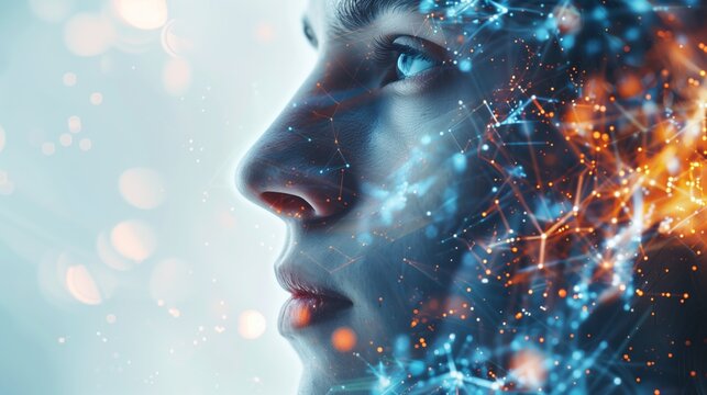 Abstract digital human face. Artificial intelligence concept of big data or cyber security. 3D rendering
