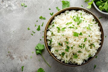 fresh white rice with parsley leaves