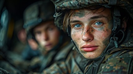 Fototapeta premium Portrait of two soldiers in camouflage gear