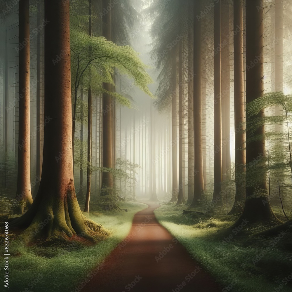 Poster tranquil forest path shrouded in mist with sunlight breaking through tall trees, creating a serene a