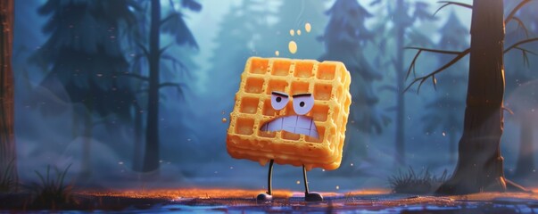 Angry waffle character in mystical forest