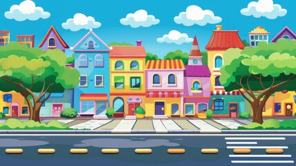 Colorful illustration of a whimsical cartoon town with cheerful houses and greenery