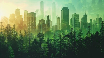 eco-friendly city close up, focus on, copy space, harmonious green hues, Double exposure silhouette with dense forest