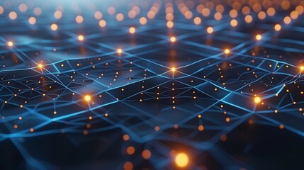 Digital background, complex arrangement of virtual nodes and links forming a tech-inspired motif