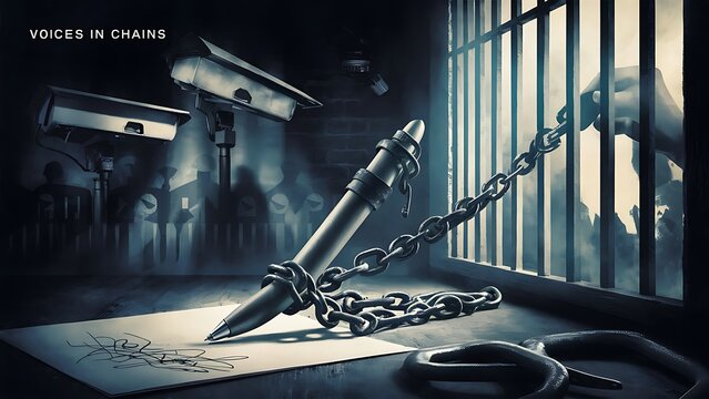 Censorship, pen in chains, Journalism in threat, authoritarian control on press 