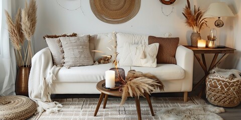 Close up of boho style living room, fabric sofa with white and terra cotta pillows, aroma candles on coffee table in front. French country home interior design of modern living room backgrounds.	