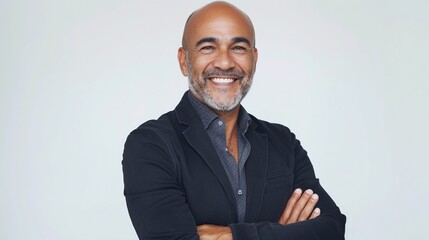 Mid aged successful mixed raced black businessman arm crossed standing confidently and smiling to the camera isolated on white background, portrait of a successful manager or businessman.