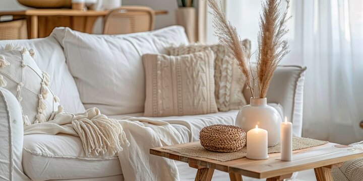 Fototapeta Close up of boho style living room, fabric sofa with white and terra cotta pillows, aroma candles on coffee table in front. French country home interior design of modern living room backgrounds.
