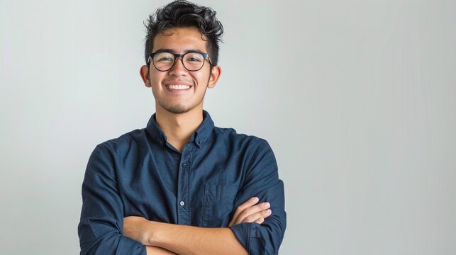 Healthy ethnic guy smiling headshot, happy Mexican male student portrait isolated on white background.