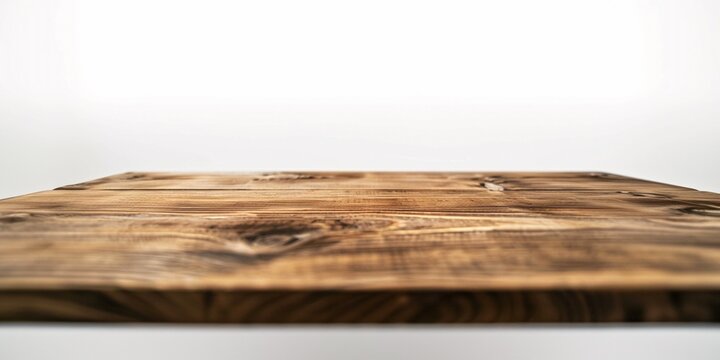 Close up of empty modern mid century wooden table with beautiful texture isolated on white background, for product display, show and curation.